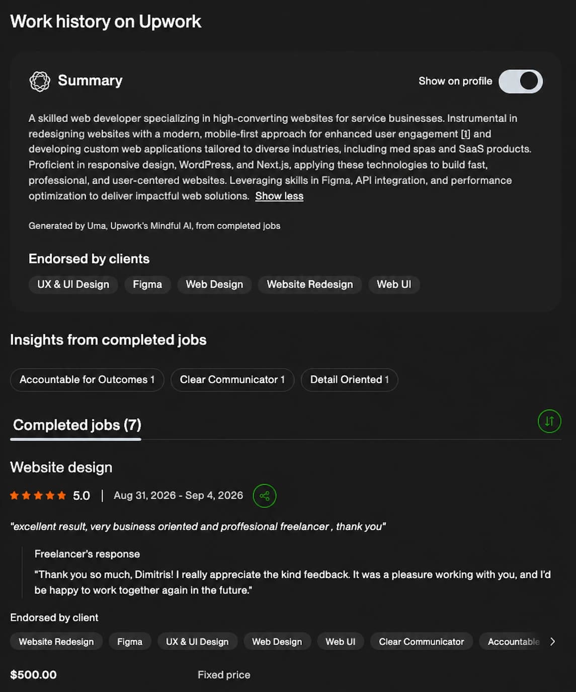 Upwork work history showing a completed Website design contract for Dione Raze with a 5.0 star client review reading “excellent result, very business oriented and proffesional freelancer, thank you”, dated Aug 31 to Sep 4 2026, at a $500 fixed price.